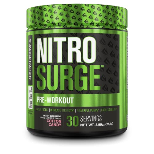 NITROSURGE Pre Workout Supplement - Endless Energy, Instant Strength Gains, Clear Focus, Intense Pumps - Nitric Oxide Booster & Powerful Preworkout Energy Powder - 30 Servings, Cotton Candy