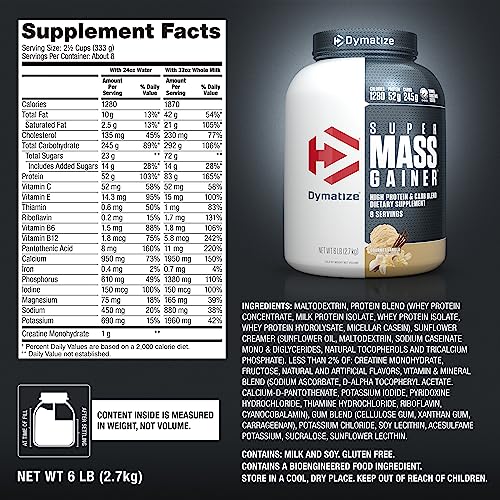 Dymatize Super Mass Gainer Protein Powder, 1280 Calories & 52g Protein, Gain Strength & Size Quickly, 10.7g BCAAs, Mixes Easily, Tastes Delicious, Gourmet Vanilla, Gourmet Vanilla, 6 Pound (Pack of 1)