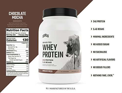 Levels Grass Fed 100% Whey Protein, No Hormones, Chocolate Mocha, 2LB