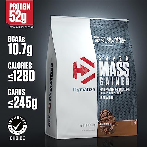Dymatize Super Mass Gainer Protein Powder, 1280 Calories & 52g Protein, 10.7g BCAAs, Mixes Easily, Tastes Delicious, Rich Chocolate, 12 lbs