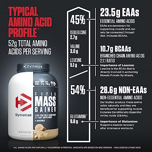 Dymatize Super Mass Gainer Protein Powder, 1280 Calories & 52g Protein, Gain Strength & Size Quickly, 10.7g BCAAs, Mixes Easily, Tastes Delicious, Gourmet Vanilla, Gourmet Vanilla, 6 Pound (Pack of 1)