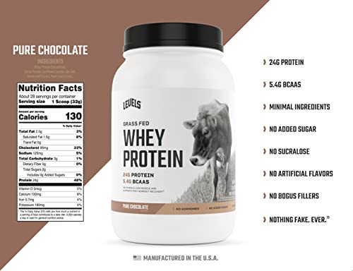 Levels Grass Fed 100% Whey Protein, No Hormones, Pure Chocolate, 2LB