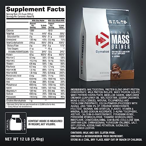 Dymatize Super Mass Gainer Protein Powder, 1280 Calories & 52g Protein, 10.7g BCAAs, Mixes Easily, Tastes Delicious, Rich Chocolate, 12 lbs