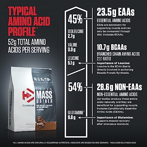 Dymatize Super Mass Gainer Protein Powder, 1280 Calories & 52g Protein, 10.7g BCAAs, Mixes Easily, Tastes Delicious, Rich Chocolate, 12 lbs