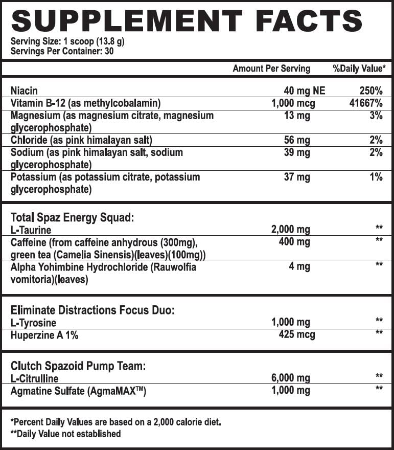 Tim Muriello's Spazmatic Preworkout (Strawberry) - 400mgs Caffeine - 6 Grams Pure Citrulline for Muscle Pumps- Fast Acting Focus - 30 Full Servings - All-In-1-Scoop Formula