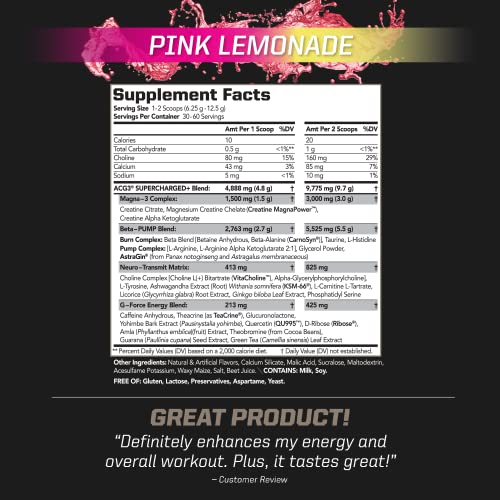 PMD Sports ACG3 Supercharged - Pre Workout - Powerful Strength, High Energy, Maximize Mental Focus, Endurance and Optimum Workout Performance for Men and Women - Pink Lemonade (60 Servings)