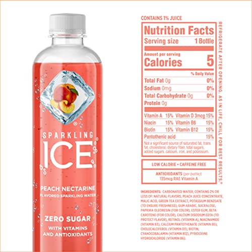 Sparkling Ice, Peach Nectarine Sparkling Water, Zero Sugar Flavored Water, with Vitamins and Antioxidants, Low Calorie Beverage, 17 fl oz Bottles (Pack of 12)