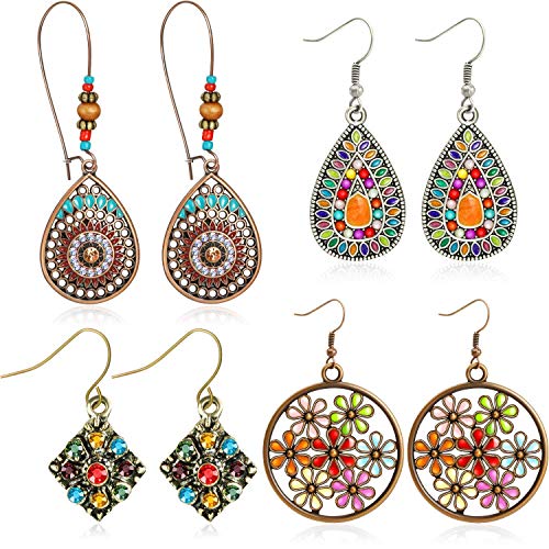 Boho Vintage Dangle Earrings - 4 Pairs (Style A)