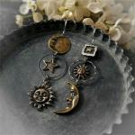 Asymmetric Gold Sun Moon Star Dangle Earrings