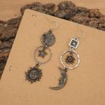 Asymmetric Gold Sun Moon Star Dangle Earrings