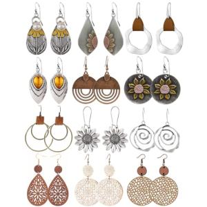Boho Vintage Round Wooden Leather Earrings – 12 Pairs