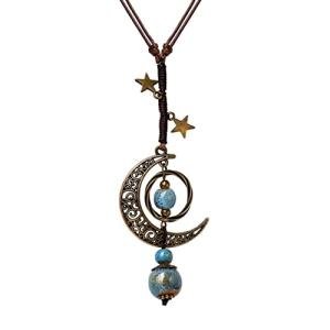 Bohemian Blue Ceramic Moon Star Lariat Necklace