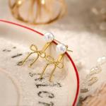 Gold Pearl Bow Earrings - Trendy and Cute