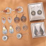 Boho Vintage Round Wooden Leather Earrings – 12 Pairs