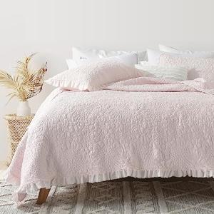 Pink Ruffled Queen Quilt Set with Pillow Shams