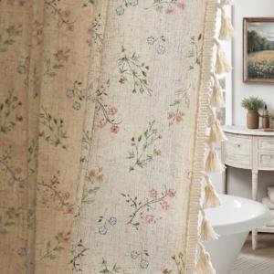 Floral Vintage Linen Shower Curtain with Tassels