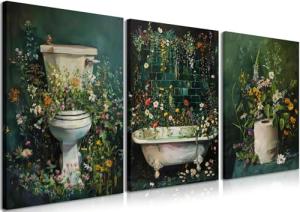 Set of 3 Vintage Floral Bathroom Wall Art