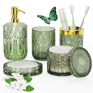 Green Glass Bathroom Accessories Set - 5 Pieces