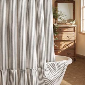 Farmhouse Ruffle Hem Shower Curtain, Cream-Black Stripe