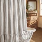 Farmhouse Ruffle Hem Shower Curtain, Cream-Black Stripe