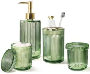 Vintage Green Glass Bathroom Accessory Set, 4 Pcs