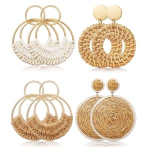 Raffia Rattan Bohemian Dangle Earrings Set