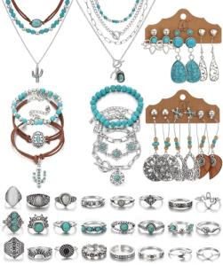 50 PCS Silver Bohemian Jewelry Set with Turquoise