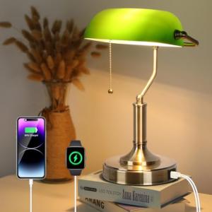 Green Retro Desk Lamp with USB Charging Ports