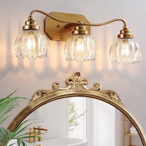 Gold Vintage Bathroom Light Fixture with Crystal Shade