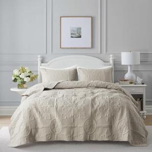 Beige Damask Quilt King Size Bedding Set