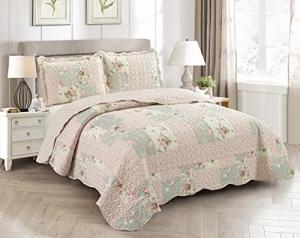 Bright Rose and Sage Quilt Set, 3-Piece