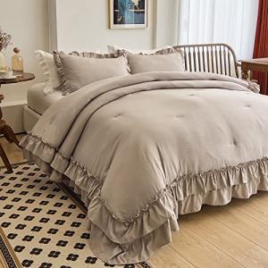 Taupe Boho Queen Comforter Set with Ruffles