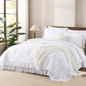Andency Vintage White Ruffle Comforter Set, 3pcs