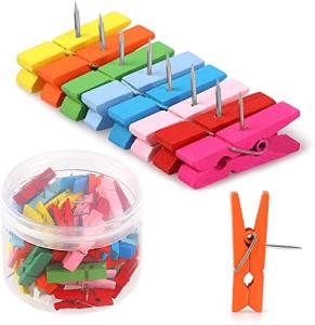 50 Colorful Push Pins with Wooden Clips