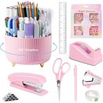 Pink Desk Organizer with Pen Holder and Supplies