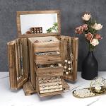Rustic Wooden Jewelry Box with Mirror and Layers