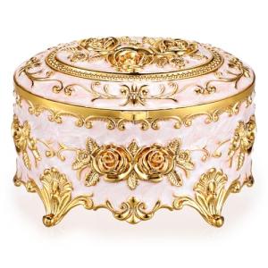 Vintage Oval Metal Jewelry Box with Rose Pattern