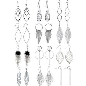 12 Pairs Silver Dangle Earrings - Boho Style Set