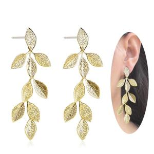 Gold Leaf Dangle Earrings with Floral Design