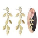 Gold Leaf Dangle Earrings with Floral Design