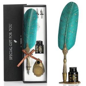 VANGOAL Vintage Green Feather Pen and Ink Set