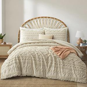 Beige King Comforter Set with Tufted Geometry