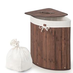 Giantex Bamboo Corner Laundry Hamper with Lid
