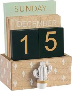 Vintage Wooden Desk Calendar with Green Cactus Decor