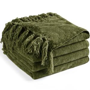 Chenille Throw Blanket with Fringe Tassels, Olive Green
