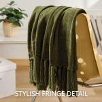 Chenille Throw Blanket with Fringe Tassels, Olive Green