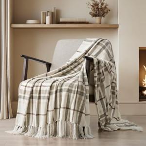 Cozy Beige Plaid Chenille Throw Blanket with Tassels