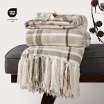 Cozy Beige Plaid Chenille Throw Blanket with Tassels