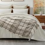 Cozy Beige Plaid Chenille Throw Blanket with Tassels