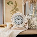 Hand Carved Wood Table Clock in Distressed White